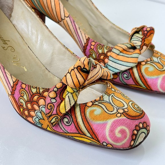 MR SEYMOUR Vintage 60's 70's Psychedelic Floral Bow Pumps Size 10AA RARE - Picture 2 of 15